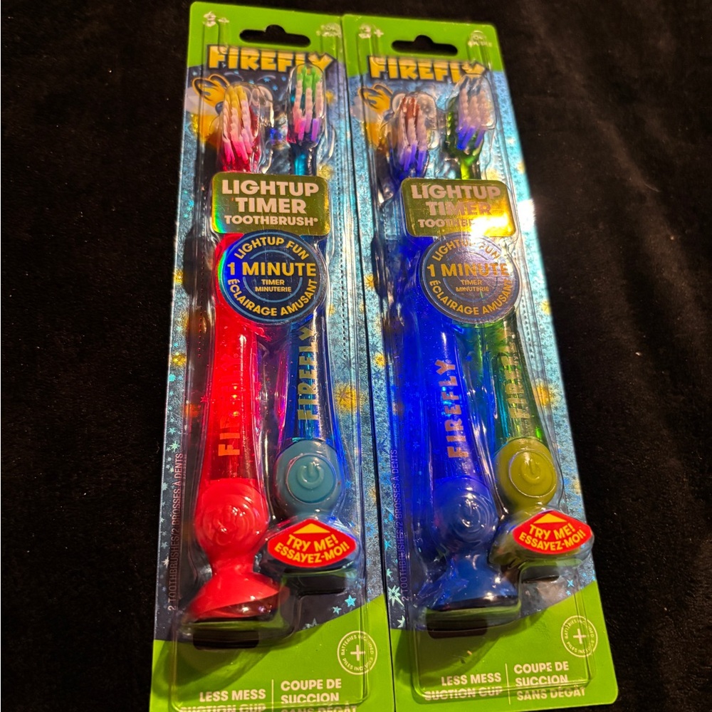 Firefly Lightup Timer Toothbrush Set - Red and Blue & green . Set of 4 . New